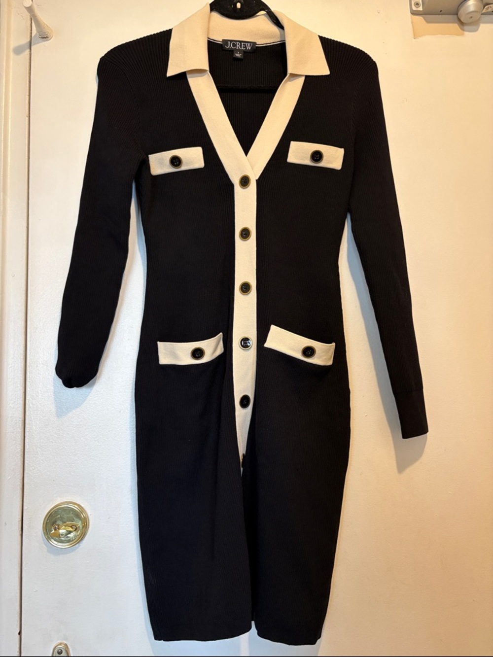 J. Crew Black and Cream Long Sleeve Button-Front Knit Dress